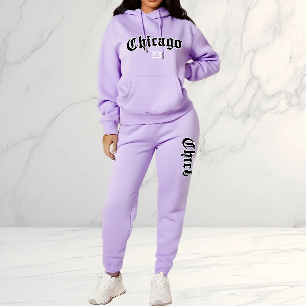2026 Women's Fleece-Like Hooded Sweatshirt & Joggers Set Print Polyester Lounge Set Matching Sets All-Season Comfort Pant Sets - ATFH