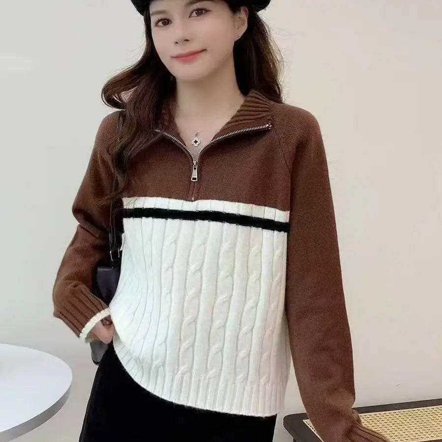 Lapel Half Zipper Turtleneck Knitted Jacket Sweater Autumn and Winter Fashion Loose Color Combination New Style - ATFH