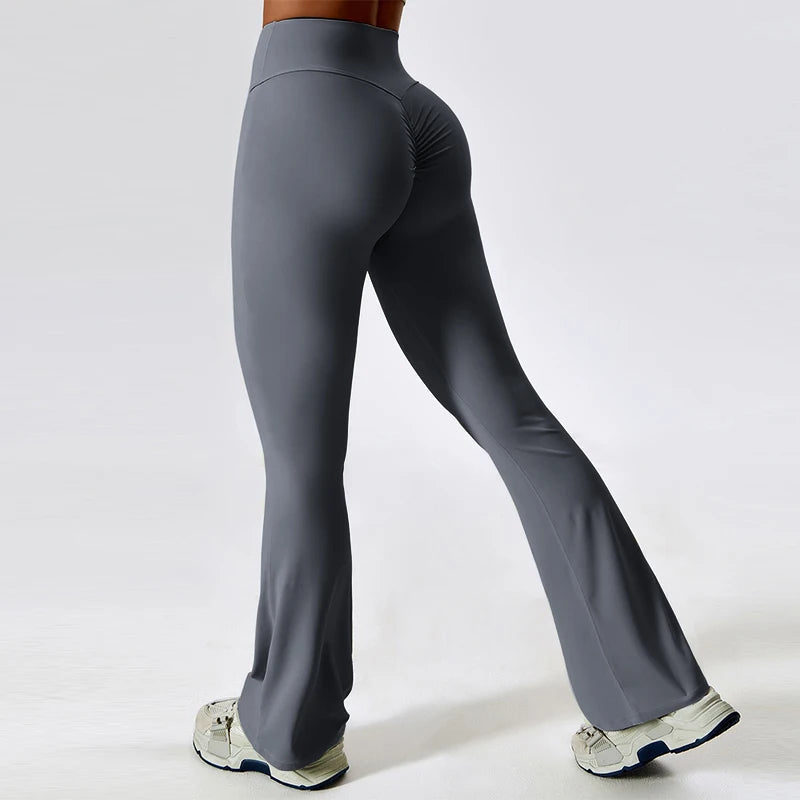 Sexy Flared Leggings Women's Running Pants Scrunch Butt Trousers Cross Waist Sports Tights Woman Wide Leg Fitness Workout Legins ATFH