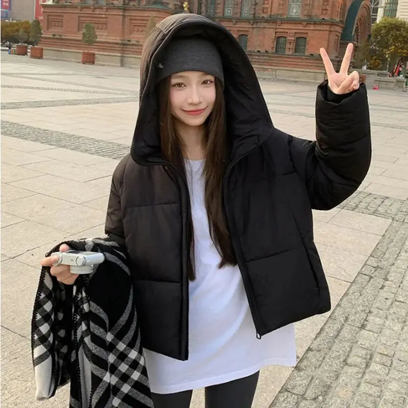 Two-Tone Cotton Padded Jacket 2025 Winter Short Hooded Coat Women Loose Thickened Casual Parka with Drawstring Hem Petite Sizes