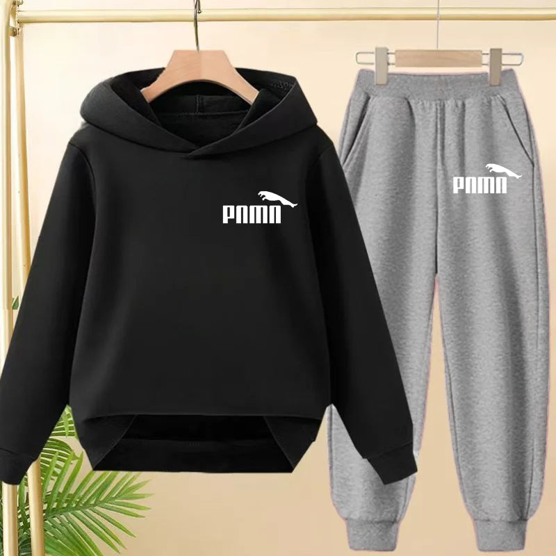 Leisure Children Hoodie Sportswear With Classic Prints Simple Elements Breathable Versatile Two-piece Set For Both Boy And Girl - ATFH