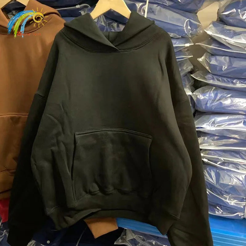 Autumn Winter High Street Oversized Kanye West Hoodie Men Women 1:1 Solid Color Black Brown Red Blue Pullover Streetwear Hooded - ATFH