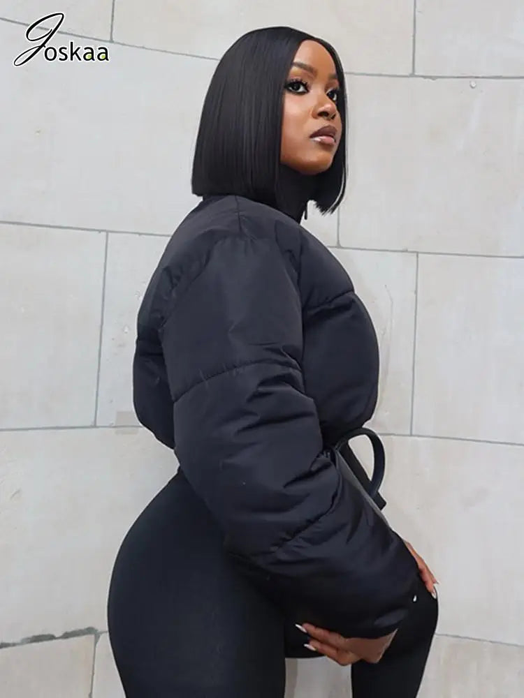Joskaa 2025 Winter Women's Black Puffer Jacket Fashion Stand Collar Long Sleeve Zip Cotton Padding Coat Outerwear Streetwear