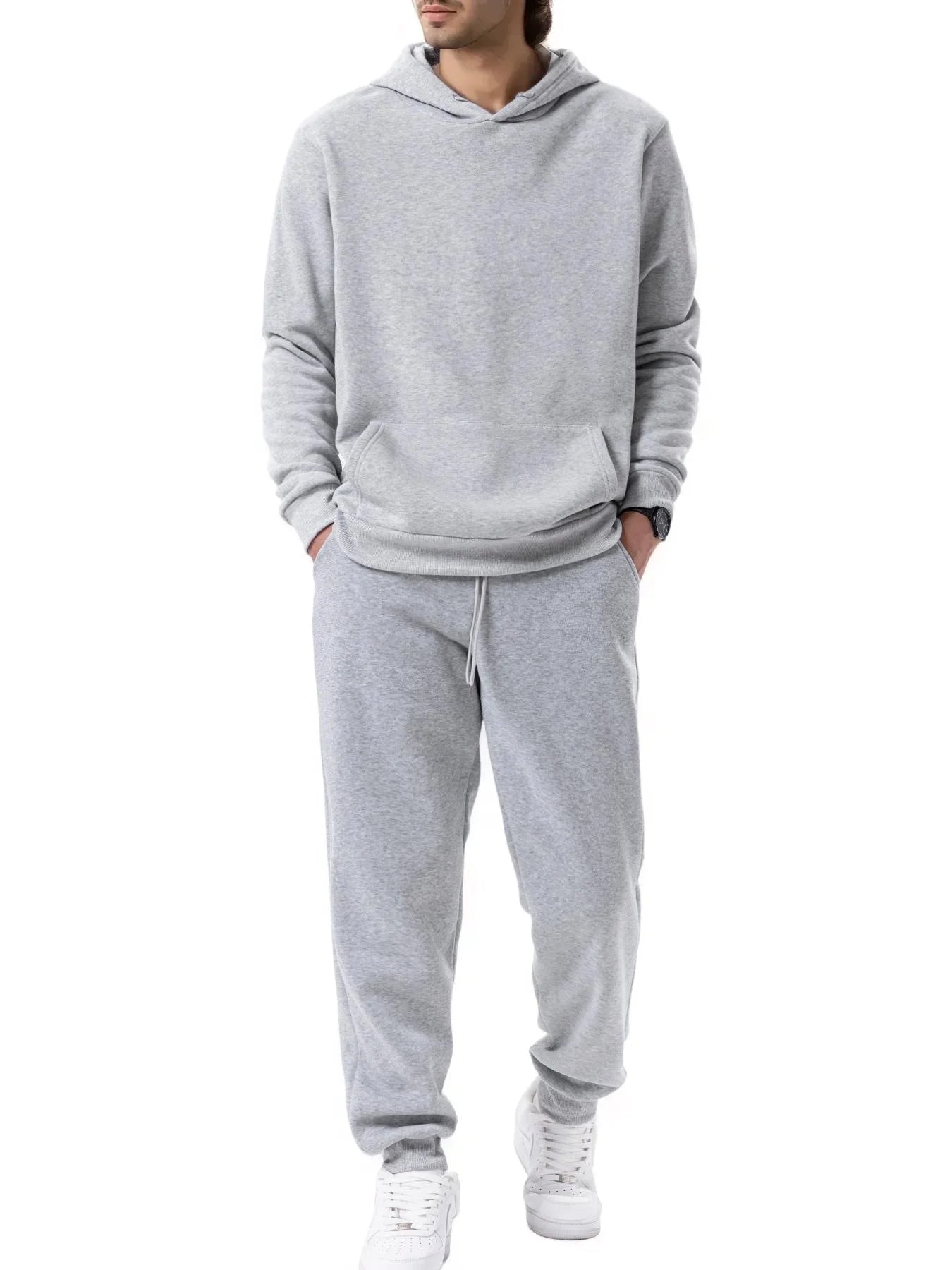 Men's Sports Suit Autumn and Winter Hoodie+pants 2-piece Set Fashionable Solid Color Casual Pullover and Pant Outdoor Sportswear - ATFH
