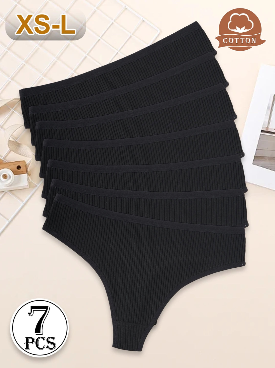 7PCS New Black Cotton Women's G-Strings Female Low Rise Striped Thongs Panties Sexy Bikini Breathable T-Back Intimates Lingerie