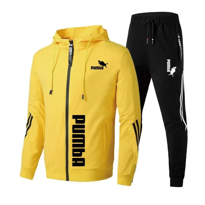 New men's hooded sweatshirt and pants 2-piece set, spring and autumn outdoor casual zippered windproof men's sportswear set - ATFH