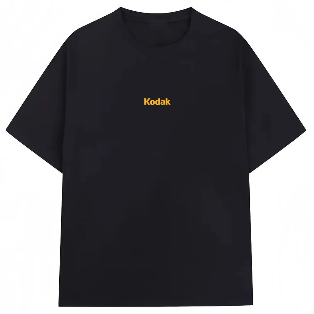 Black Kodak Basic Red Center Logo Graphic Tee, Simple White-on-Black Brand Print, Cotton Crewneck for Daily Casual Wear ATFH