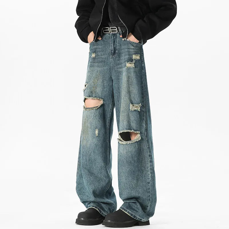 NEW Baggy jeans man Frayed Damaged Hole Baggy Wide Leg Jeans for Men and Women Streetwear Casual Ropa Hombre Denim Trousers ATFH