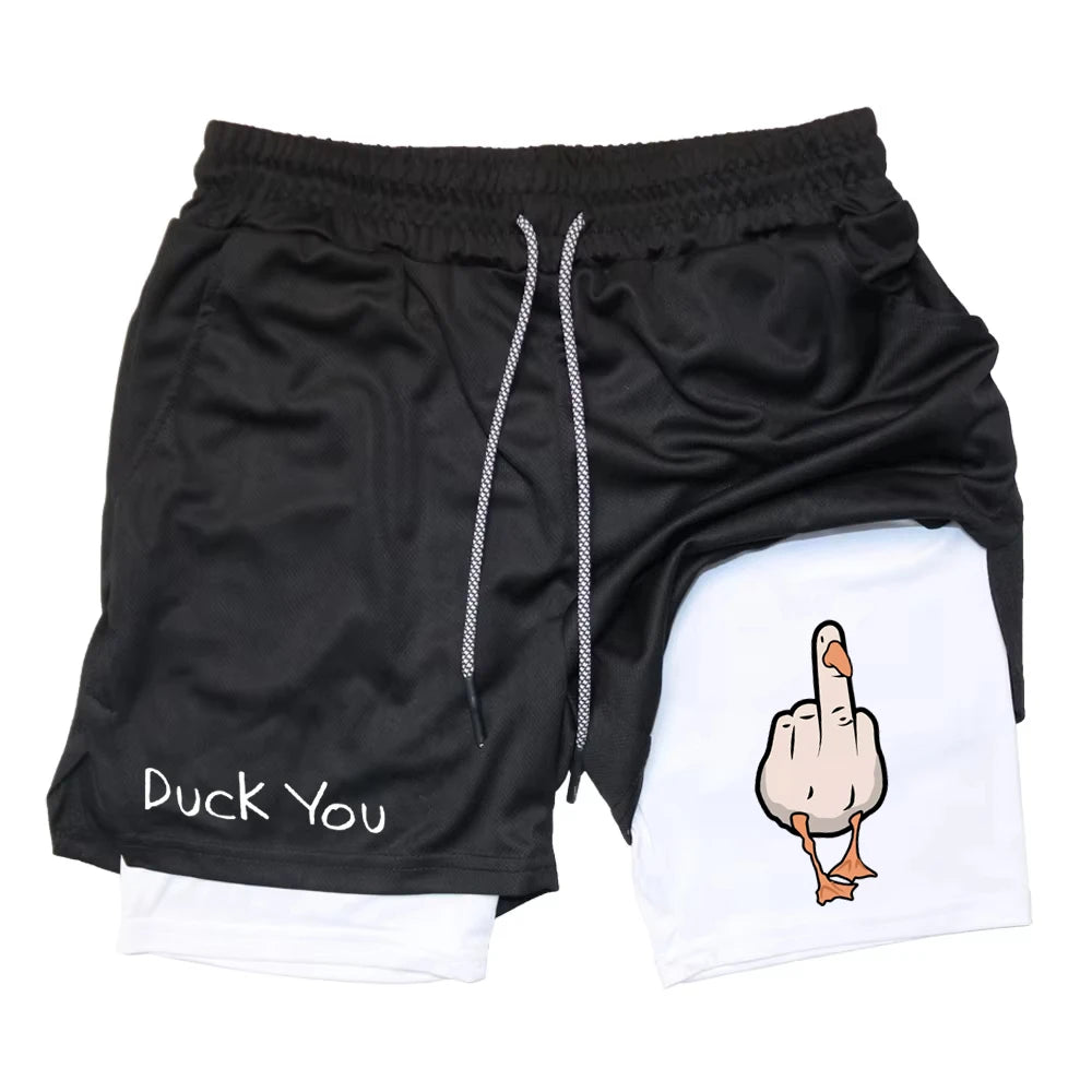 Cartoon Duck Print Men's Shorts Summer Double Layer Letter Print  Quick Drying Pants Fitness Tracksuit Beach Short Pants RL0358