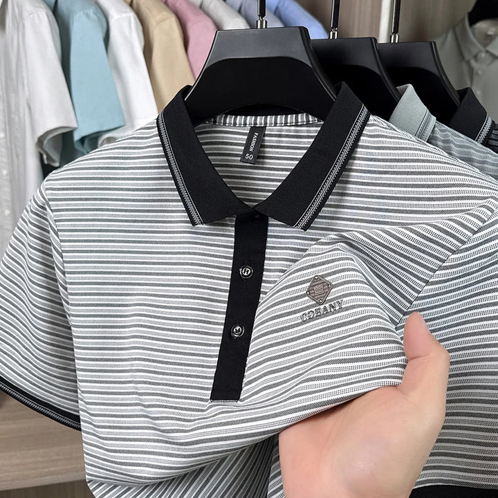 Unique fashion stripe short sleeve polo shirt high-end brand letter embossed men's business casual new summer breathable T-shirt