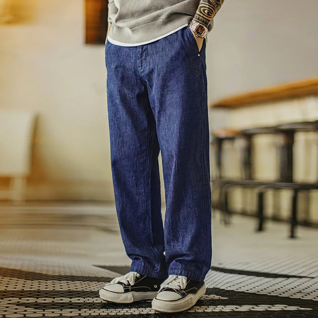 Maden Men's Vintage Denim Jeans Washed Blue Lightweight Baggy Straight Wide Leg Zipper Casual Spring Summer Pants ATFH