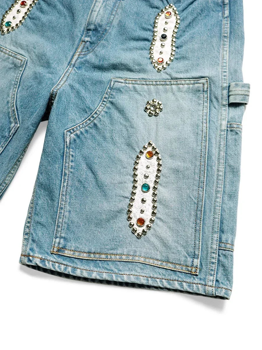 KAPITAL Japan 23SS New Blue-dyed Vintage Washed Loose-fitting Studded Gem Denim Shorts for Men ATFH