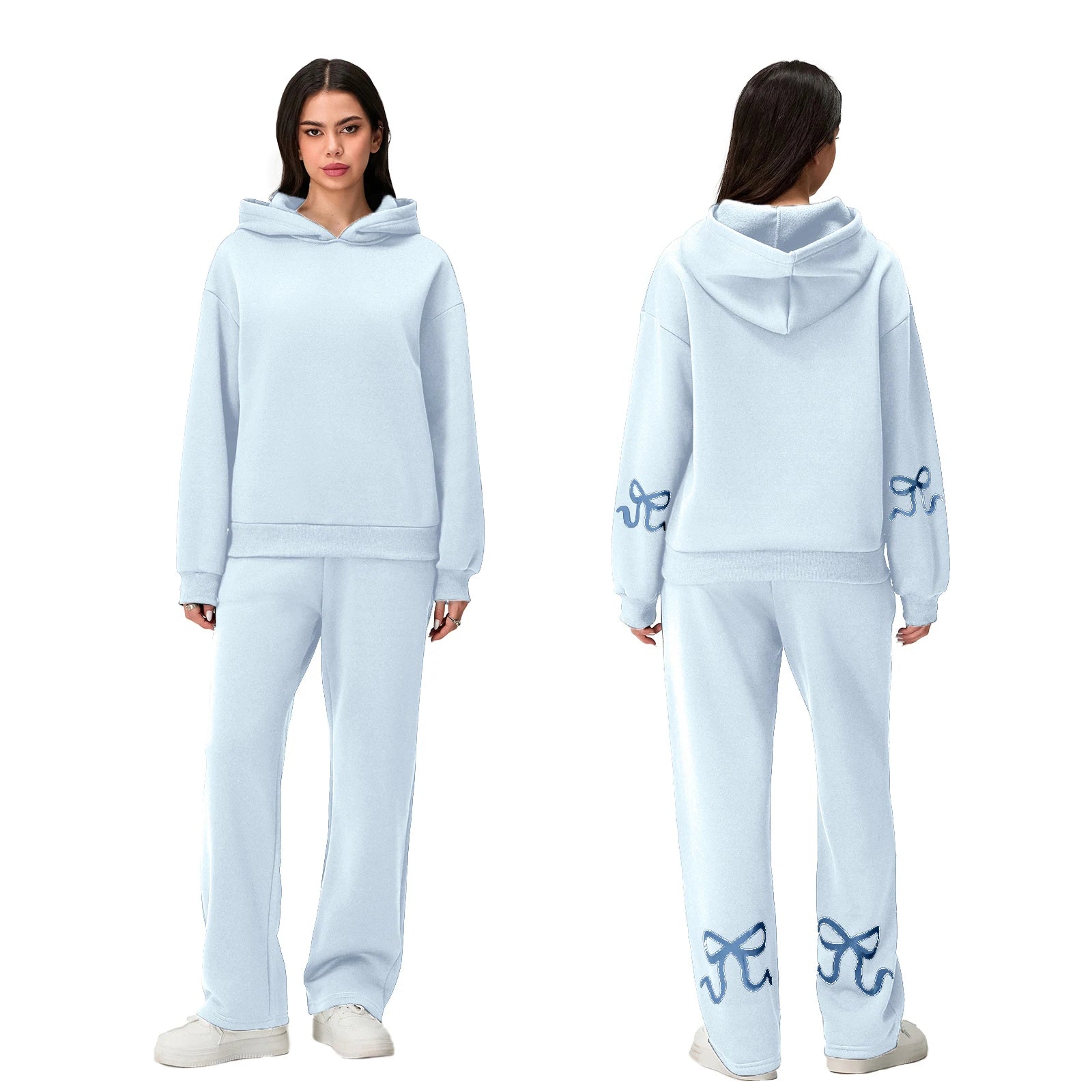 Women's Casual 2 Piece Outfits Long Sleeve Bow Print Hooded Tops Sweatshirts Wide Leg Pants Sets Tracksuits