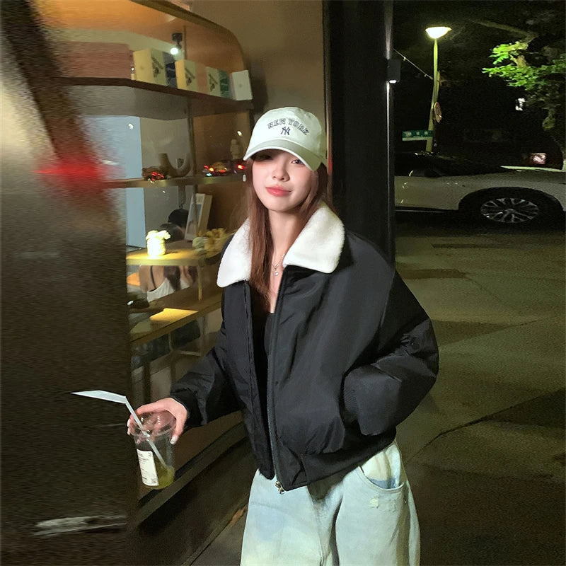 Long Sleeve Winter Short Jackets Loose Women's Cotton Padded Jackets 2025 New Detachable Wool Lapel Black Sport Parka Coat Trend ATFH