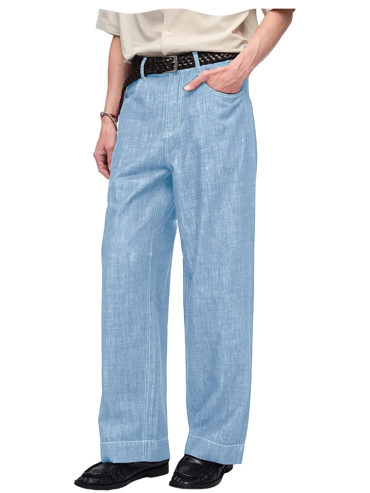 Retro Men's High Waist Wide Leg Jeans Loose Fit Denim Pants Breathable Casual Stretchy Heavyweight Cotton Y2K Baggy Trousers ATFH