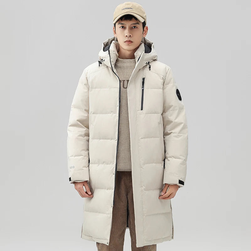 New White Duck Down Jacket Men Winter Mid Long Coat Hooded Thicken Warm Couple Outerwear Mens Puffer Jacket Parka Daily