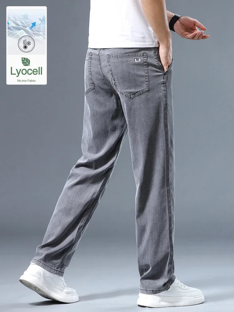 Summer Thin Men's Loose Straight Jeans Lyocell Soft Drape Business Casual Trousers Classic Smoke Gray Brand Ice Silk Pants ATFH
