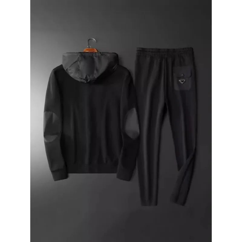 Minglu Autumn Winter Sprot Casual Male Sets Luxury Single Breasted Solid Color Hooded Man Sweatshirts Fashion Mens Sweatpants - ATFH