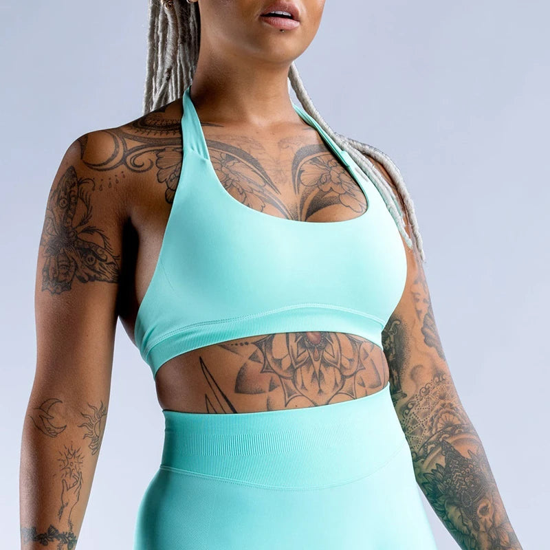 Impact Sports Bra Women Seamless Halter Neck Strap Yoga Bra With Padded Sexy Open Back Yoga Top Bra Medium Support Gym Crop Top - ATFH