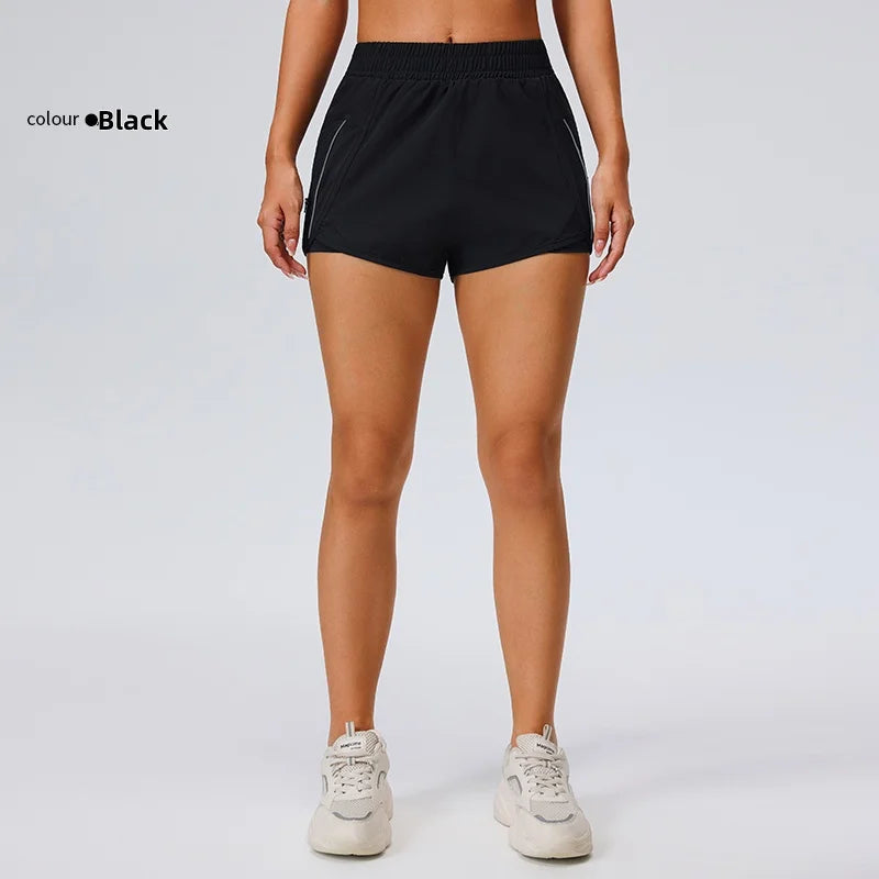 Sports pocket shorts, women's running loose three quarter pants, quick drying lining, anti glare double-layer fitness Tahsi Fashion House