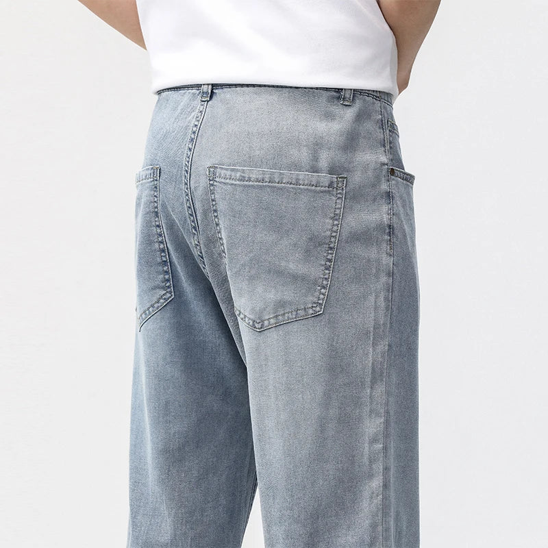 190cm Tall Man Jean Lyocell Wide Leg Denim Pant Male Extra Long Length 115cm 120cm Summer Big Clothes Light Stretch Straight Fit ATFH
