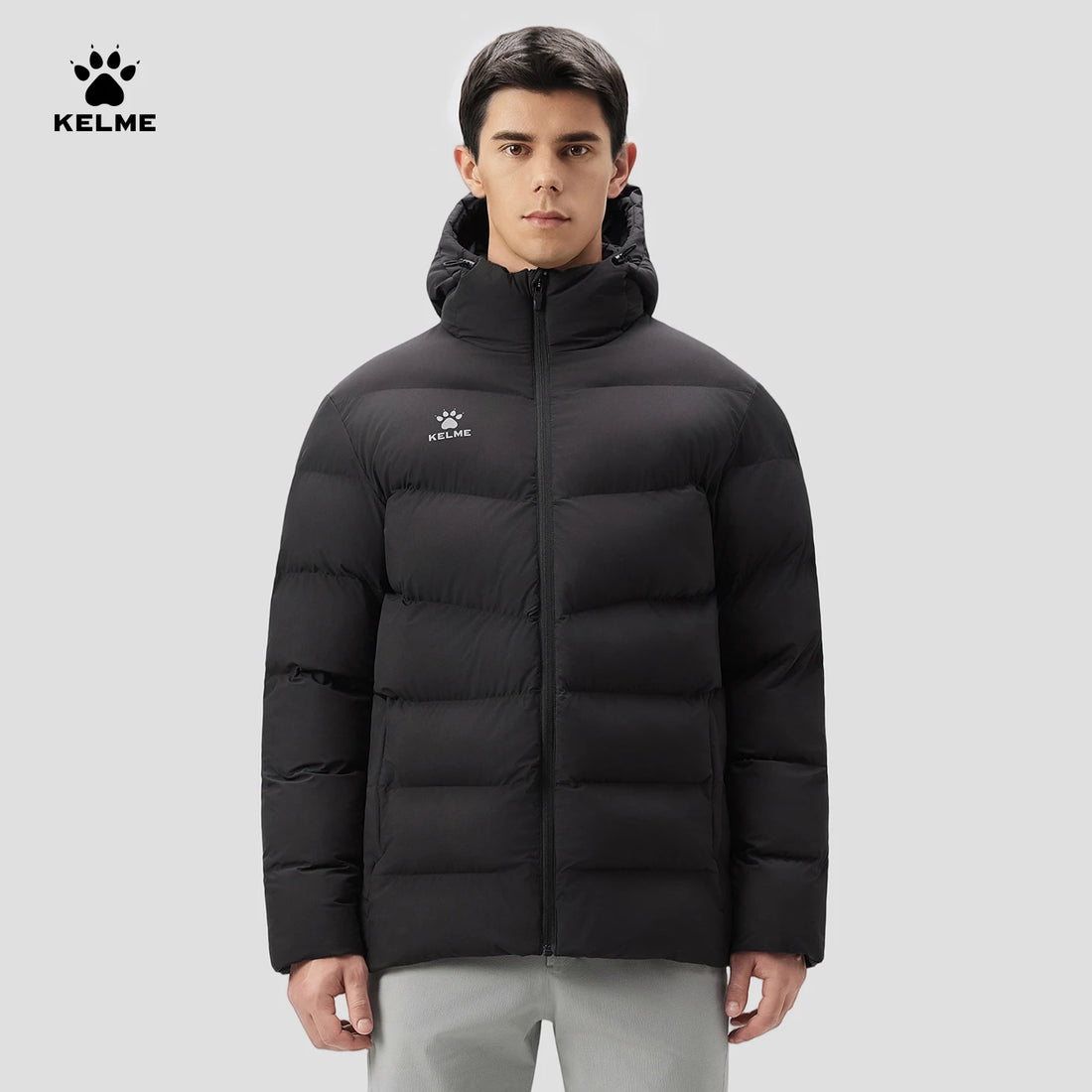 Kelme Men's Hooded Thermal Jacket For Sports Football Training And Outdoor Activities  Windproof Fleece-lined Coat
