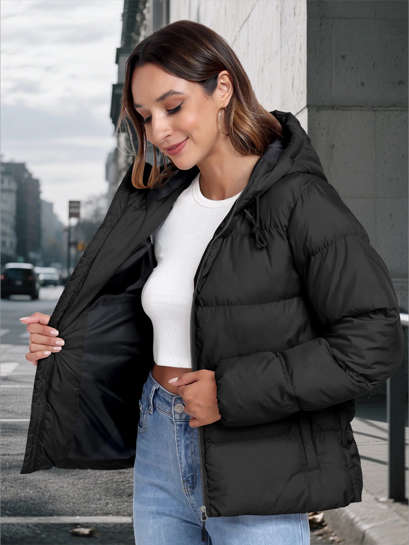 Women Lightweight Jacket Hooded Coat Zipper Pocket Fashion Casual Warm Coat with a Hat Autumn Winter Coat