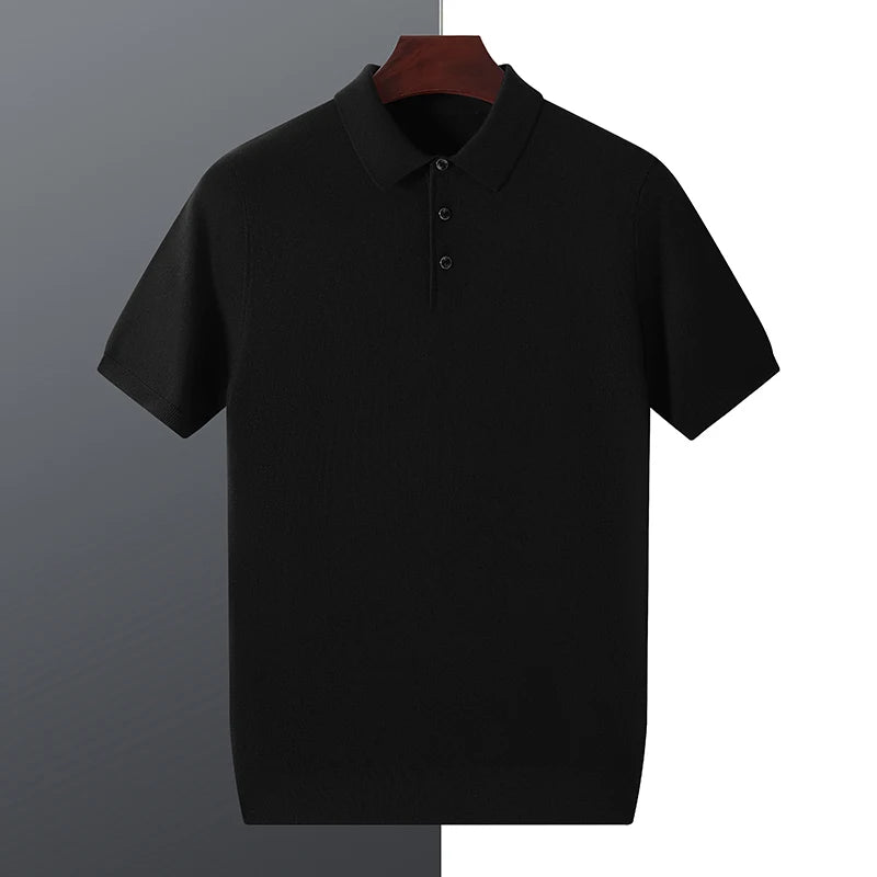 Men's fine spun wool mulberry silk Polo collar short sleeved men's wool knitted short sleeved T-shirt for spring and summer