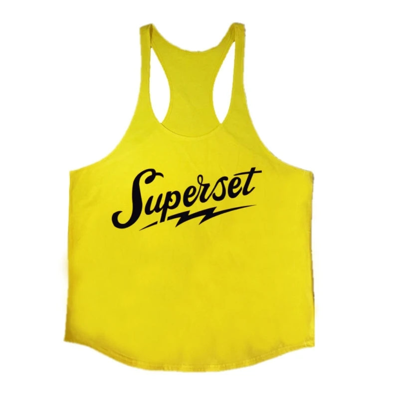 Men's "Superset" Graphic Stringer Vest - Cotton Sleeveless Shirt for Gym Fitness, Bodybuilding & Workout Undershirt