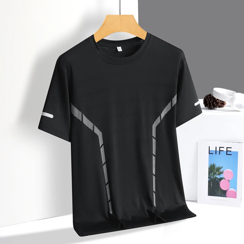 Running T-shirt Men Summer Ice Silk Thin Top Reflective Printing Quick Dry Short Sleeve Breathable Fitness Sports T-shirt 5XL ATFH