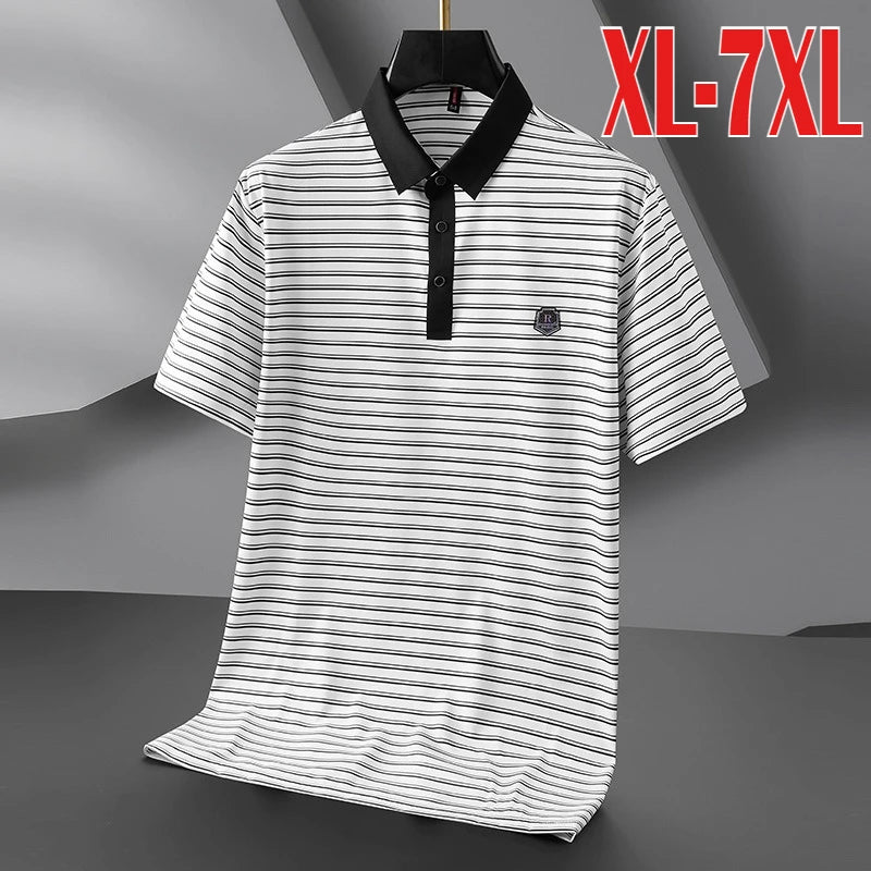 Minglu High Elasticity Summer Striped Male Polo Shirts Luxury Short Sleeve Ice Silk Business Golf Casual Man Tees Plus Size 8XL
