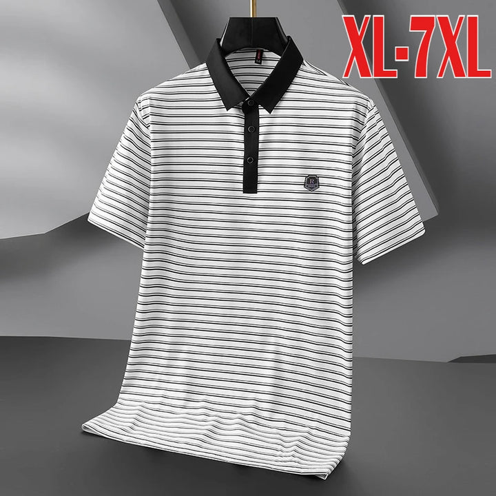 Minglu High Elasticity Summer Striped Male Polo Shirts Luxury Short Sleeve Ice Silk Business Golf Casual Man Tees Plus Size 8XL
