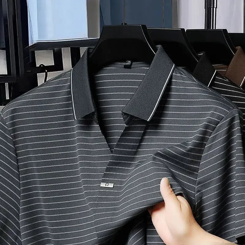 Ice Silk Short-sleeved Striped Men's T-shirt Summer New Lapel POLO Shirt Casual Fashion Top