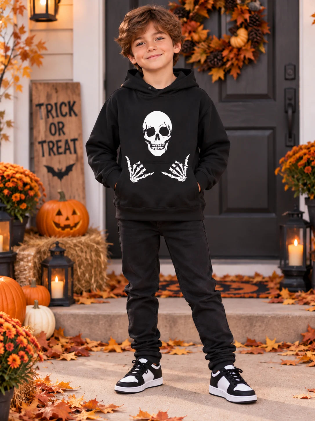Kids Halloween Skeleton Hoodie Black Fleece Pullover Sweatshirt, Skull Graphic Hooded Top for Boys Girls, Fall Winter Casual Cos