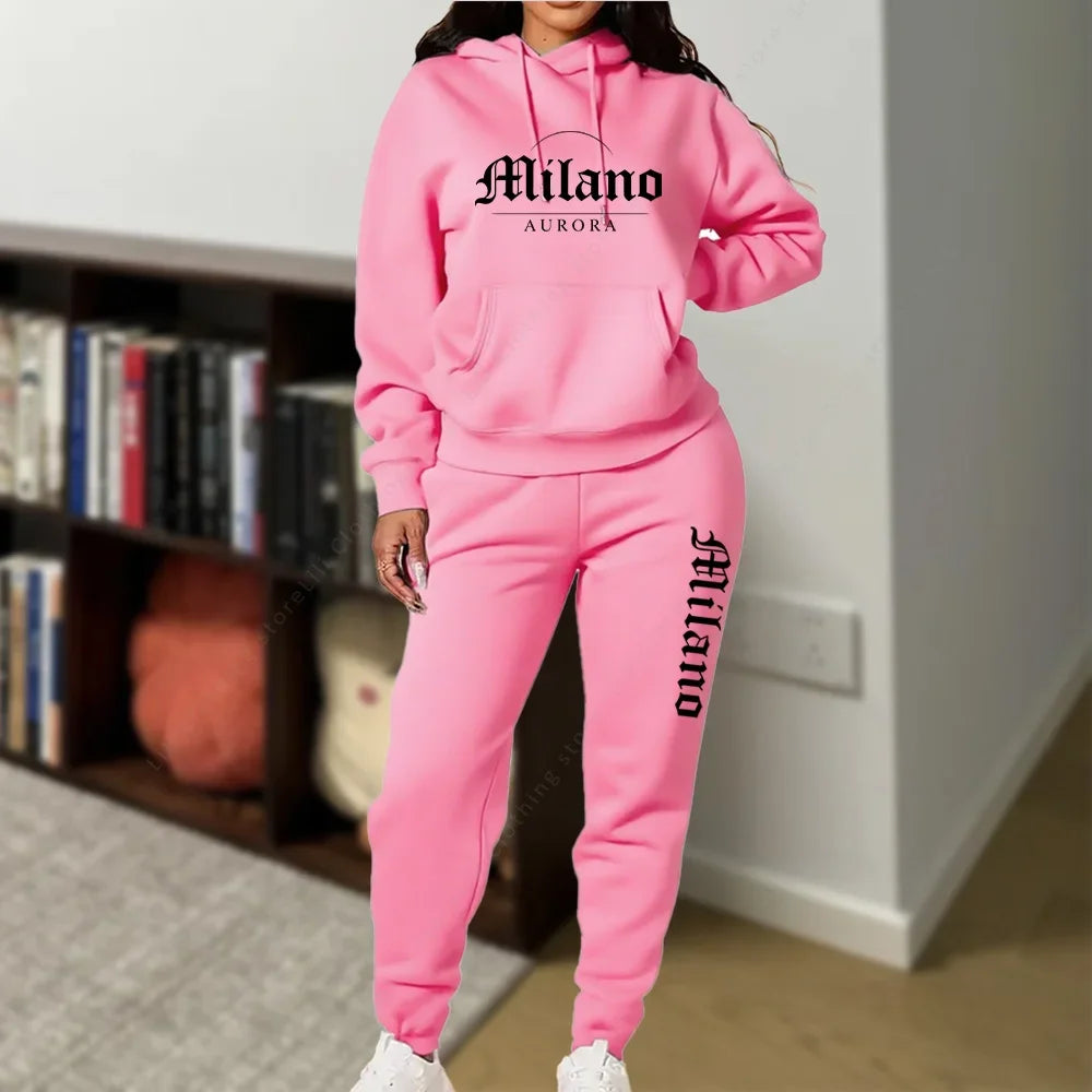 Matching Set for Woman Hoodies Sweatpants Set Fall Winter Athleisure MLANO Letter Print Fleece 2 Piece Womens Tracksuit 2026 New