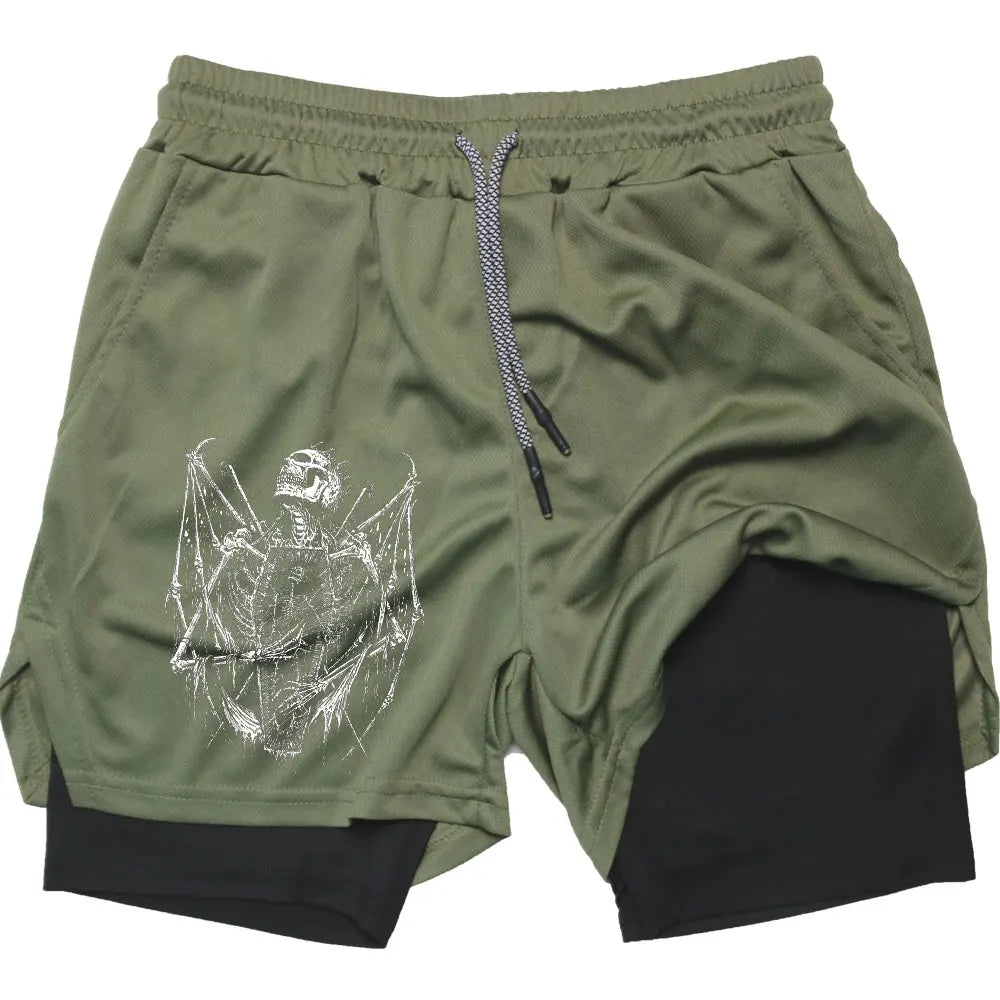 Shorts Men Quick-drying Fitness Skull Print Double Layer Shorts Workout Training Running Bodybuilding Sportwear
