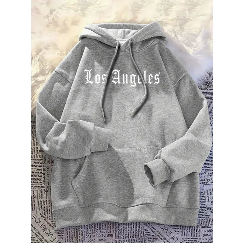 Men's autumn and winter casual fashion loose hoodie Los Angeles letter printed long sleeved warm pullover sweater - ATFH