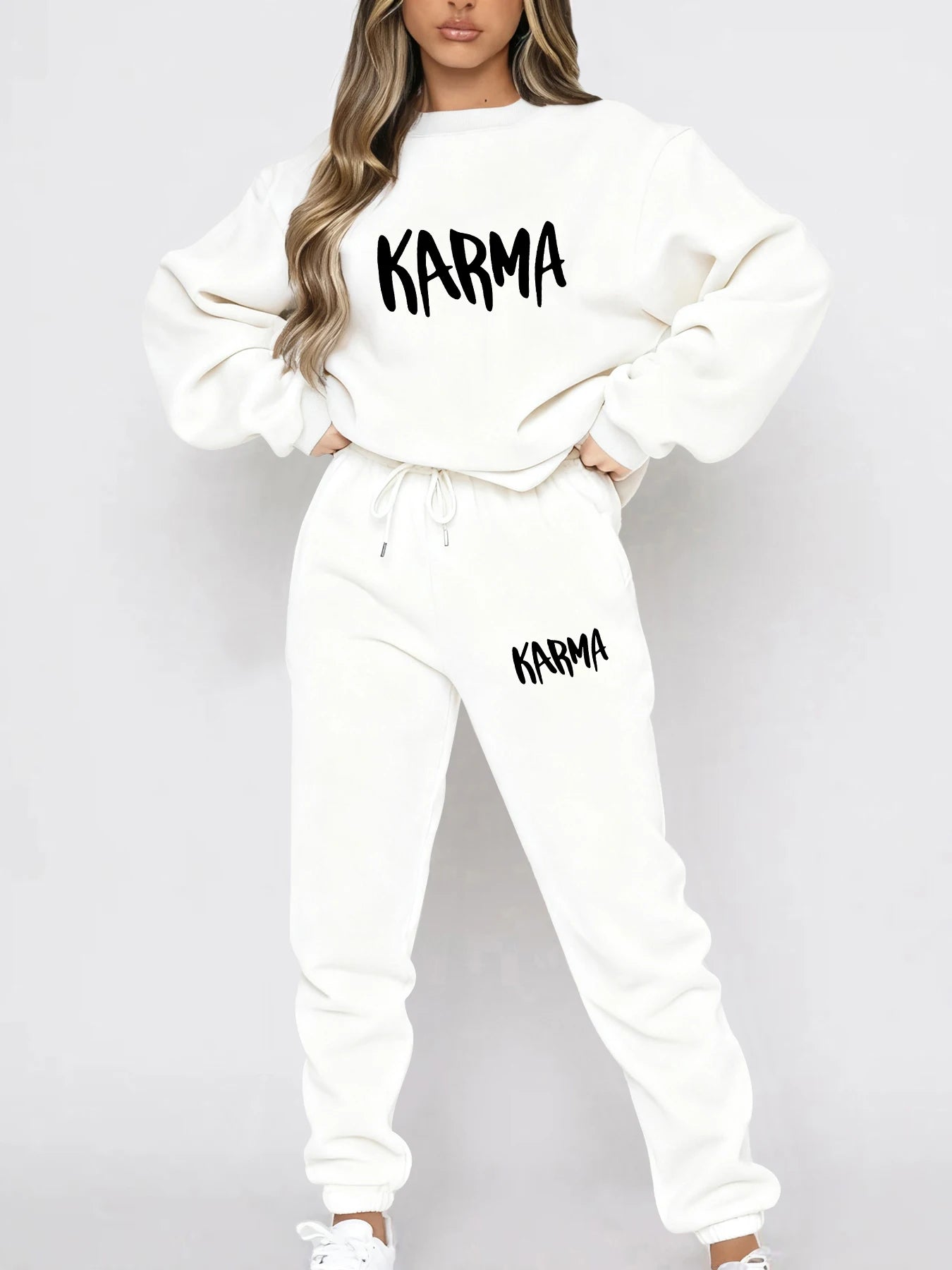Autumn and Winter Season Lazy Print Long-Sleeve Set, Loose Casual Fit Sweatshirt, Jogger Pants, Casual Sweet Lazy Comfortable Pullover, Crew Neck Sweatshirt + Wide-Leg Pants Two-Piece Set for Party and Commuting, Women's Clot
