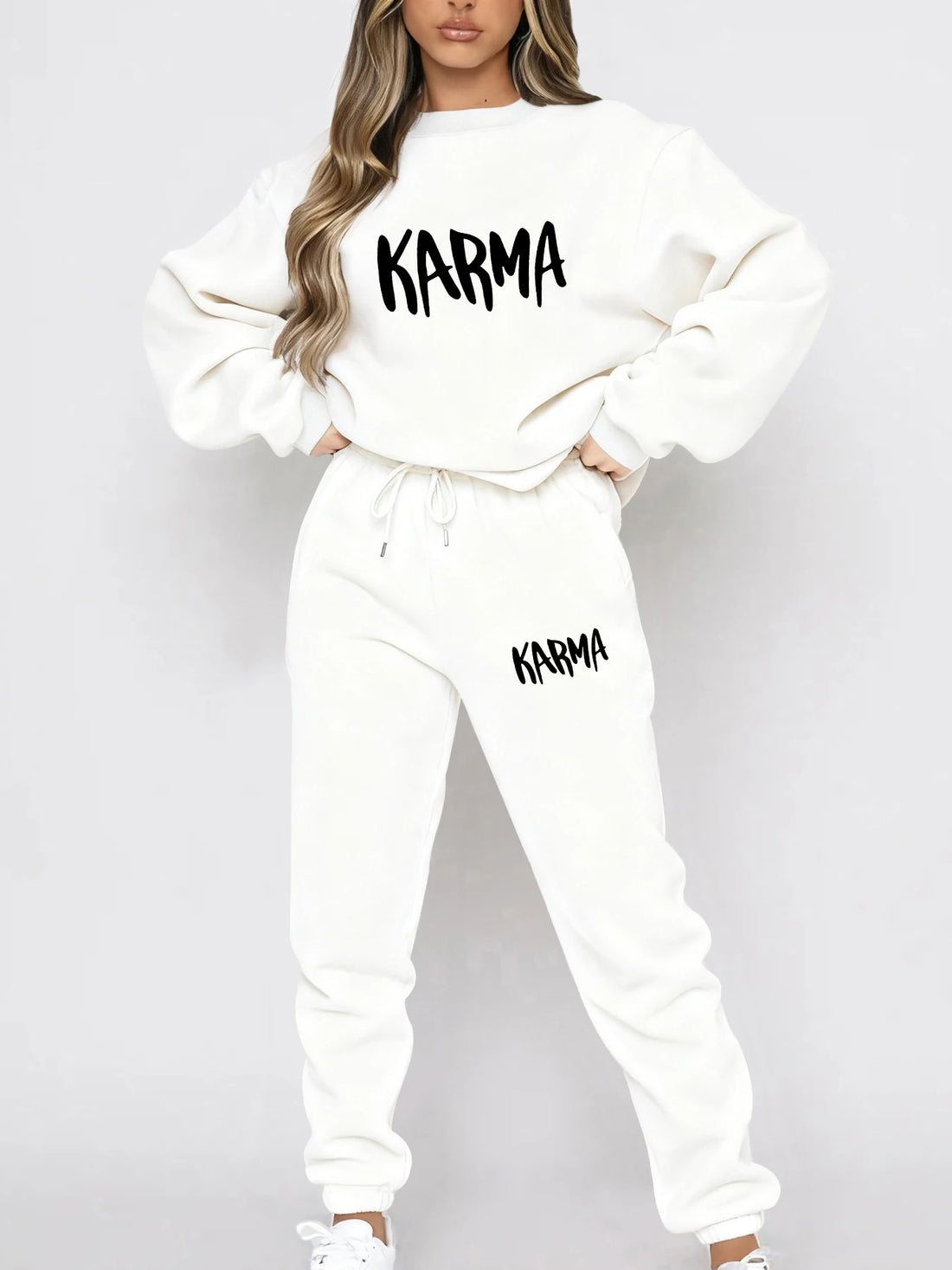 Autumn and Winter Season Lazy Print Long-Sleeve Set, Loose Casual Fit Sweatshirt, Jogger Pants, Casual Sweet Lazy Comfortable Pullover, Crew Neck Sweatshirt + Wide-Leg Pants Two-Piece Set for Party and Commuting, Women's Clot