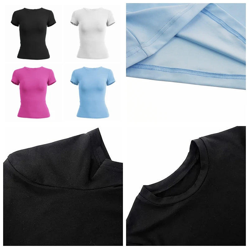 Woman Clothing Short Sleeve T-shirt Slim Fit Tops Female O-Neck Knitted Sheath Tee Shirt Street Wear Sex Sporty 2024 Y2K New2410 - ATFH