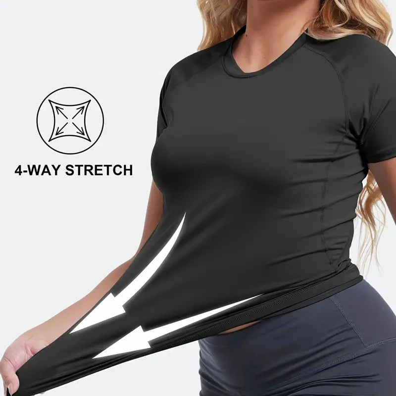 Women's Compression Shirt Short Sleeve Athletic Yoga Running T-Shirt Summer Gym Workout Quick Dry Stretchy Tees Tops Baselayer - ATFH