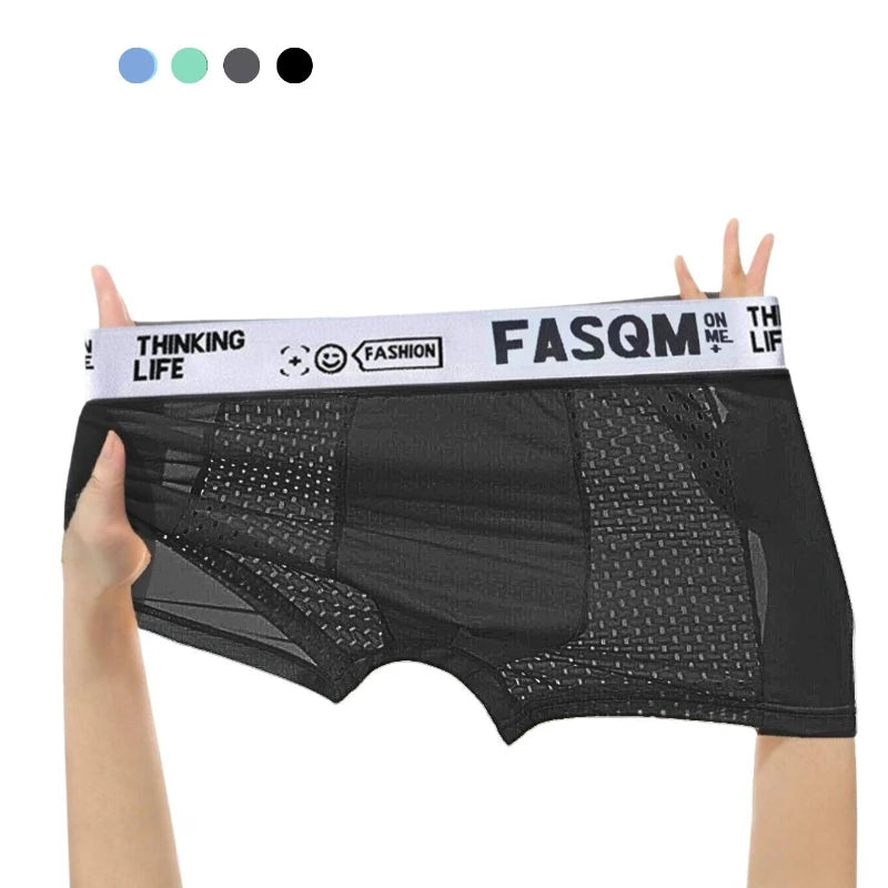 1pc Men's Ice Silk Cool Soft Comfy Boxers Briefs Men's Contrast Underwear, Mesh Breathable Comfy Stretchy Trunks