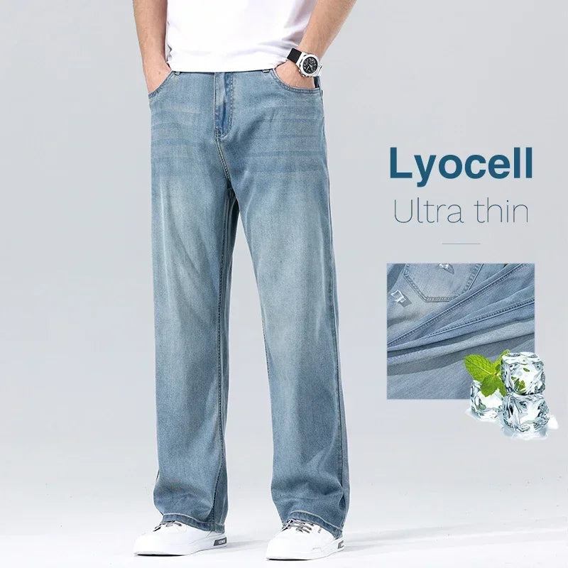 Men's Loose Jeans Summer Fashion Drape Soft Fabric Ultra Thin Pants Wide Legs Ice Silk Lyocell Business Straight Denim Trousers ATFH