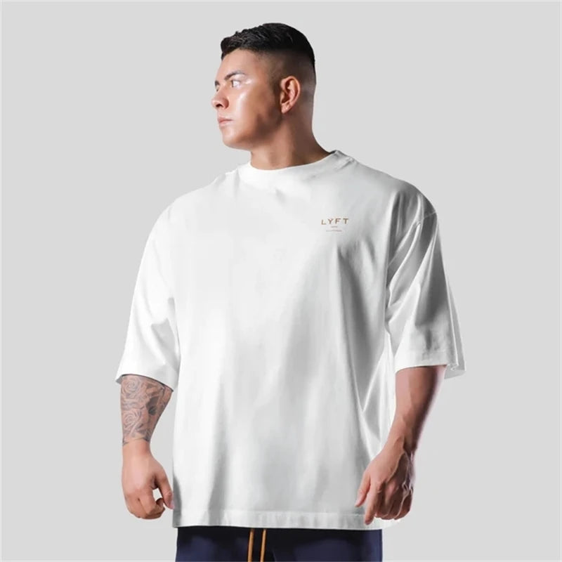 LYFT Men Cotton Black White Short Sleeve Gym Fitness Oversized T-Shirt Summer Fashion Loose Casual Men's Shirt Sports Tees Tops ATFH