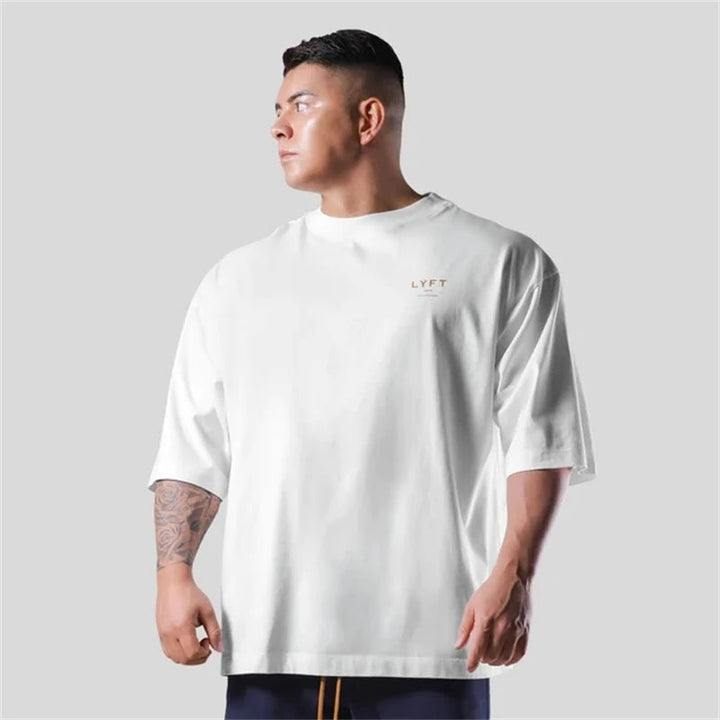 LYFT Men Cotton Black White Short Sleeve Gym Fitness Oversized T-Shirt Summer Fashion Loose Casual Men's Shirt Sports Tees Tops ATFH