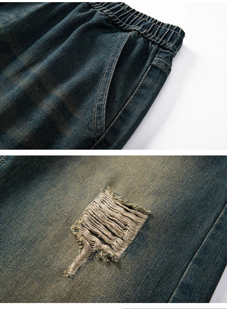 Broken hole jeans men's 2025 summer new loose straight leg American high street wide leg pants trendy brand versatile long pants ATFH
