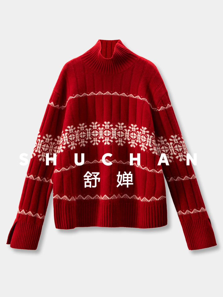 Christmas Knit Pullover Warm Luxury Is Red100 Cashmere Fair Island Jacquard Turtleneck Sweater Women's 500g 18J1 - ATFH