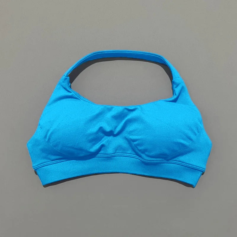 Histello Sports Bra Women Seamless Halter Clothes Neck Strap Padded Yoga Top Gym Backless Bra Running Sportswear Workout Tops - ATFH