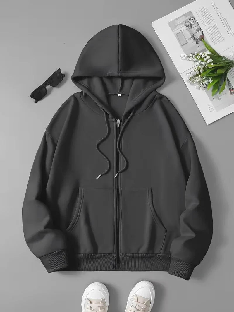 Black White Women's Zipper Hoodies Jacket Cotton Fleece Hoody Sweatshirt Pullover Autumn Winter Oversized Loose Tops Coat Unisex - ATFH