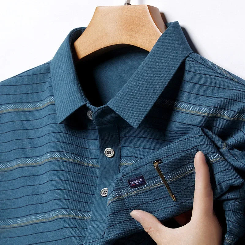 Summer Short Sleeve Men's Polo Shirt Striped Casual Chest Pocket Design Man Polos T-shirt Business Golf Clothing Top Quality